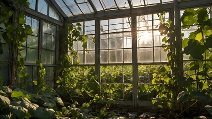 Shattered greenhouse &mdash; vines overtaking broken glass panels, sunlight streaming through 2
