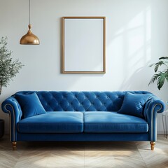 Blue sofa against a white wall with an art poster frame, capturing the mid-century modern style in a living room setting, Generative AI