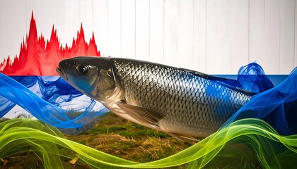 Fish graphic with data graph and flags