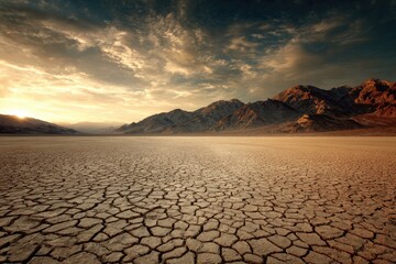 Vast, cracked desert floor at sunset, mountains in the distance