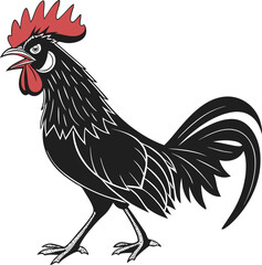 A colorful cartoon rooster with red feathers and a prominent beak is isolated on a white background