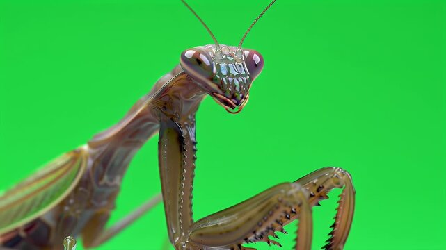 Intricate Praying Mantis Macro Portrait on Vibrant Green Screen Background, Capturing Detailed Features of the Fascinating Insect, Ideal for Compos...