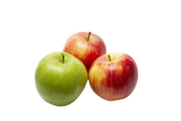 Three apples, one green and two red-yellow on a transparent background.