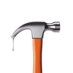 Shiny metal claw hammer with orange handle and dripping liquid isolated on transparent background
