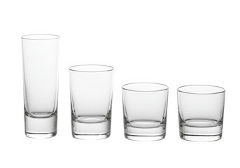 Four different types of empty clear glasses isolated on transparent background