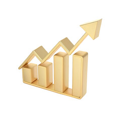 Golden Growing bar graphs and arrow - Financial analysis, business finance concept
