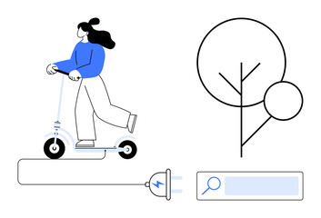 Woman riding an electric scooter, cable with an electric plug, minimalistic tree, and search bar. Ideal for eco-friendly transport, technology, urban mobility, environment, innovation energy simple