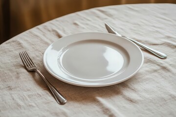 Elegant white plate on a textured tablecloth with cutlery, perfect for showcasing fine dining, gastronomic art, or culinary presentations in stock photography.