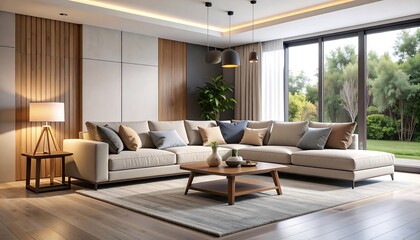 Modern living room with sectional sofa, coffee table, and large window overlooking a garden