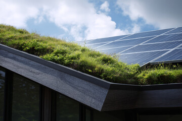 Obraz premium Green Roof with Lush Vegetation and Solar Panels Under Blue Sky 