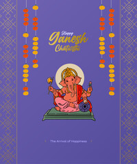Ganesha vector illustration with Ganesh Chaturthi calligraphy, minimal invitation card design 