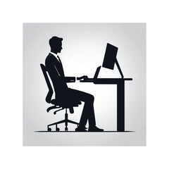 Silhouette of a man in a suit sitting at a desk with a computer and laptop working diligently online