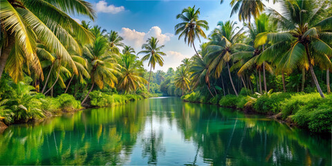 Obraz premium A tranquil river flows gently through a vibrant tropical setting, bordered by tall palm trees and lush greenery, reflecting the blue sky and clouds overhead