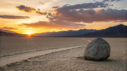 Obraz premium Dramatic sunset over a cracked desert landscape with a solitary rock