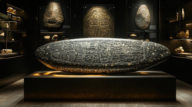 collection of ancient stone artifacts is showcased in contemporary museum setting. exhibit emphasizes intricate carvings and historical importance of these objects.