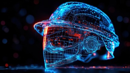 futuristic helmet is displayed glowing blue and red lines highlighting its digital design. innovative safety gear symbolizes protection in construction environments.