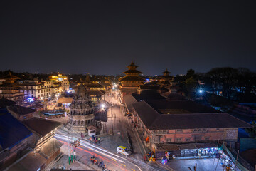 Night view from rooftop to Patan Durbar Square in peak hour in Kathmandu, Nepal.