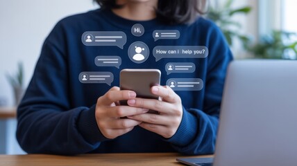 AI Chatbot - A person holding a smartphone, with a glowing chat bubble from a chatbot, for online customer support and communication