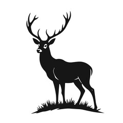 Deer silhouette standing, wild animal vector, stag in grass, deer with antlers, black white wildlife illustration