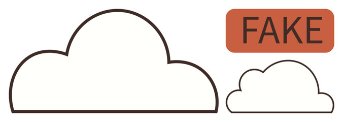 Cloud outline visually split into large and small versions with a fake tag in bold lettering. Ideal for technology, misinformation, comparison, authenticity, originality, judgment, or communication