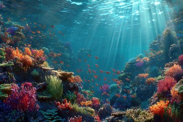 Fototapeta premium Vibrant coral reef teeming with colorful fish, sunbeams piercing the water