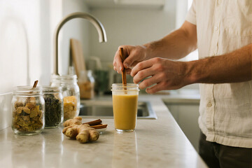 Modern wellness kitchen with man preparing maca smoothie using ginger and cinnamon, sleek wooden counter, glass jars of herbs, minimal luxury aesthetic, soft studio lighting