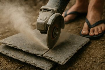 Worker cutting stone tiles with electric angle grinder outdoors, generating dust and debris during construction work