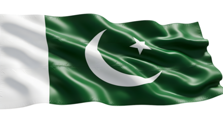Waving flag of pakistan with crescent moon and star, isolated on transparent background