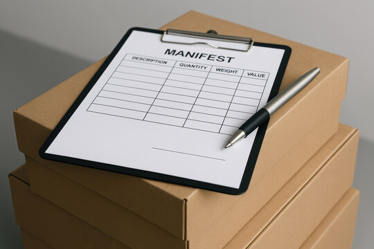 Manifest document on clipboard with pen resting atop stacked cardboard boxes for shipping inventory management and logistics tracking