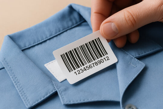 Hand attaching barcode label to blue collared shirt for inventory tracking, emphasizing retail management and modern identification