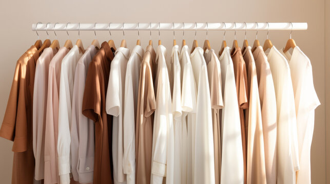 Neutral clothes hanging on a rail in a bright, organized closet, background