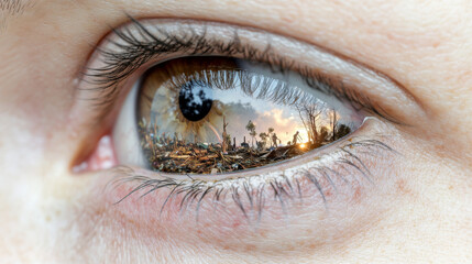Fototapeta premium Closeup human eye reflecting apocalyptic end world scenery with barren landscape