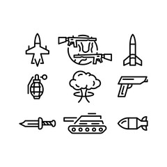 Military and army line style icons – tank, grenade, missile, aircraft, gun, knife, explosion. Perfect for army infographics, tactical games, history materials, and defense projects
