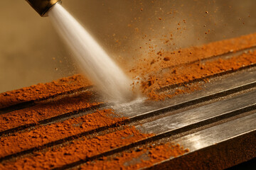 High pressure water jet removing rust from a metal surface during industrial cleaning and maintenance process in a workshop