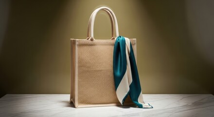 Natural fiber tote bag with elegant silk scarf draped over it jute burlap