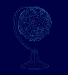 A 3D wireframe globe with intricate lines and curves floats on a smooth blue background. The detailed mesh structure creates a realistic spherical effect.