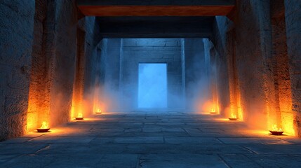 Ancient stone corridor, lit by flickering flames, leads to a mysterious blue-lit doorway