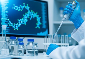 Scientist in blue gloves uses pipette in laboratory with molecular structures on screen