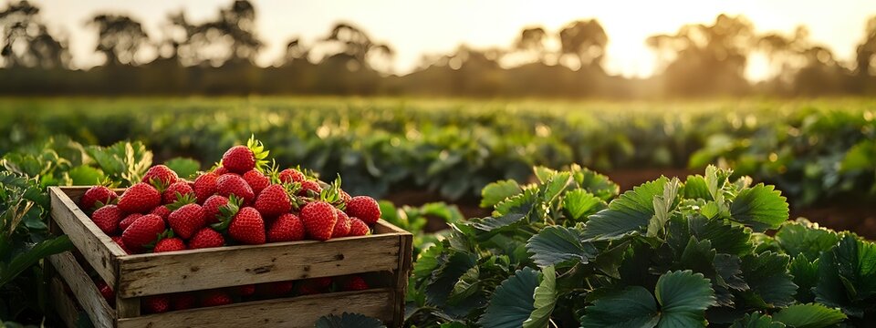 Fresh ripe strawberries in wooden crate at sunset on farm field, panoramic view of organic berry harvest with green leaves and golden sunlight. - Powered by Adobe