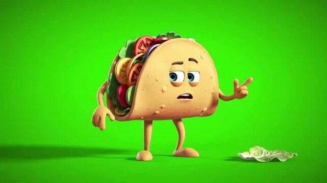 Animated taco character with a face, arms, and legs stands by a single piece of lettuce against a bright green background