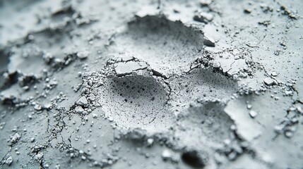 close up view reveals three clear paw prints in cracked concrete. surface is rough and unkempt suggesting weathering and wear from environmental elements.