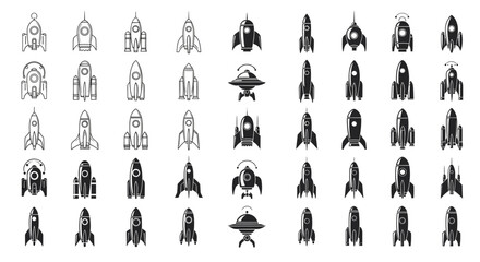 Collection of diverse rocket and spaceship icons in grayscale, varying styles and designs.