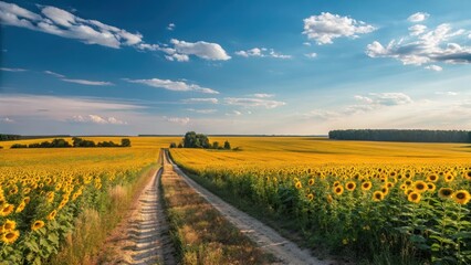 Dirt road through a vast field of blooming sunflowers under a blue sky