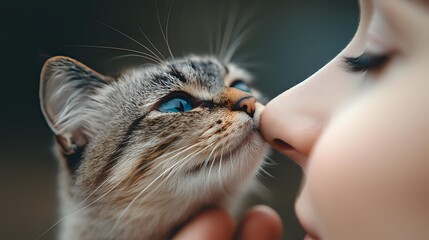 Tender moment between young caucasian woman and gray tabby cat with striking blue eyes touching noses in close-up emotional portrait against blurred background.