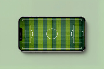 Smartphone mockup with football field on screen representing sports app, online betting, live streaming and gaming concept, perfect for advertising, marketing banners with copy space