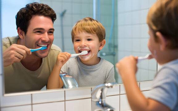 Happy father and son brushing teeth together in bathroom, promoting healthy dental hygiene routine