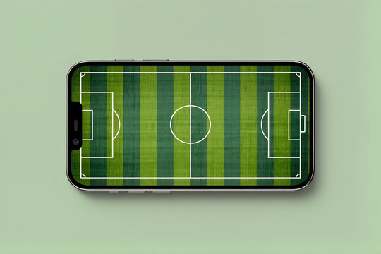 Smartphone mockup with football field on screen representing sports app, online betting, live streaming and gaming concept, perfect for advertising, marketing banners with copy space