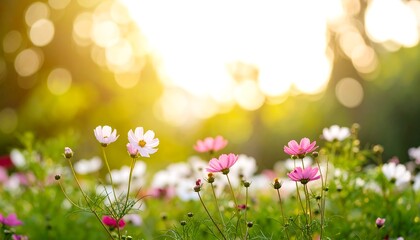 Soft-focus image of cosmos flowers in a field, backlit by warm sunlight