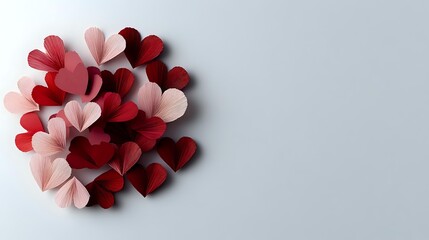 Paper hearts in red and pink shades arranged in artistic cluster composition on light gray background, creating romantic Valentine's Day decoration concept.