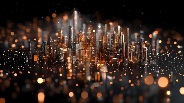 Glowing futuristic cityscape with illuminated skyscrapers and floating light particles against dark background creates magical urban atmosphere for business concepts.